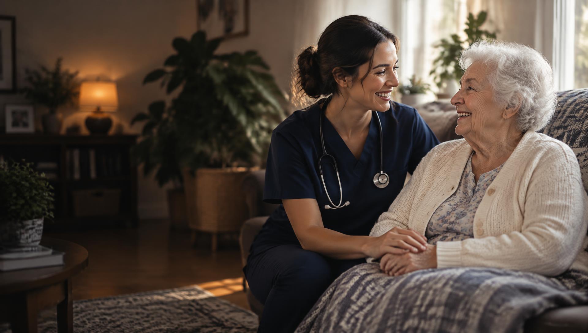 A Warm Hearth at Home nurse sharing a smile with an older woman in her living room